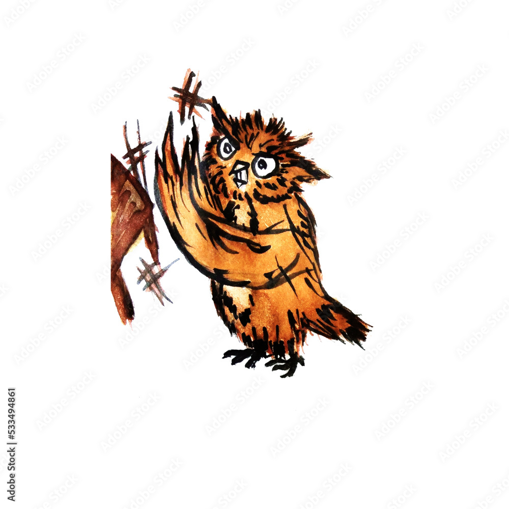 Obraz premium Aggressive owl flipping the table. Emotion meme sticker. Traditional drawing on paper.