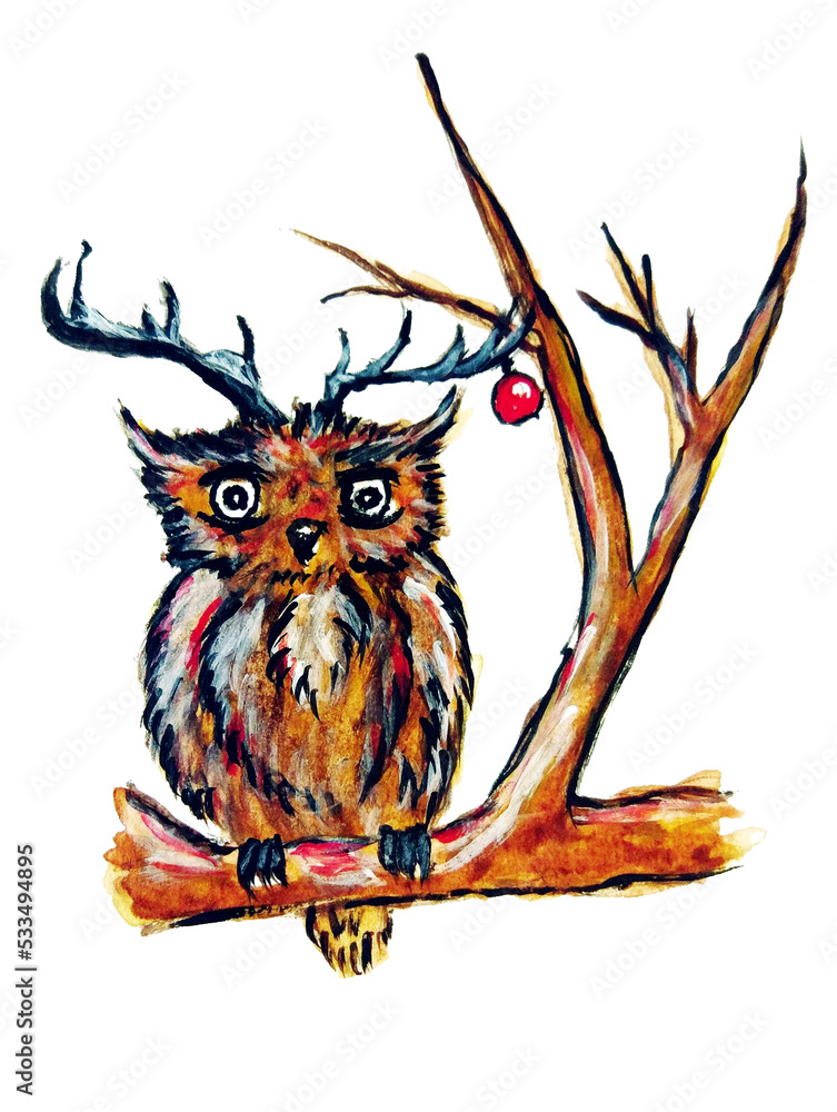Naklejka premium A red-brown owl with Christmas deer antlers sits on a branch, the ball is a decoration, and the holiday is waiting. Full jingle bells.