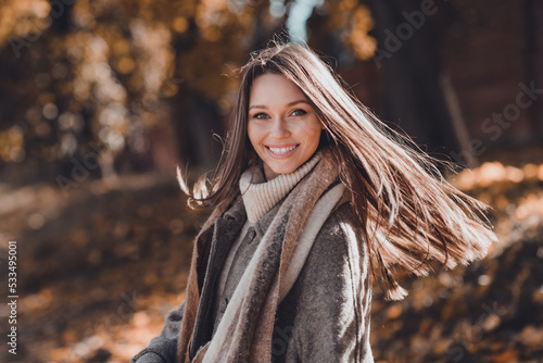 Portrait of pretty lovely cute excited lady dressed cozy modern stylish outfit clothes go date enjoy nice weather free time outdoors #533495001