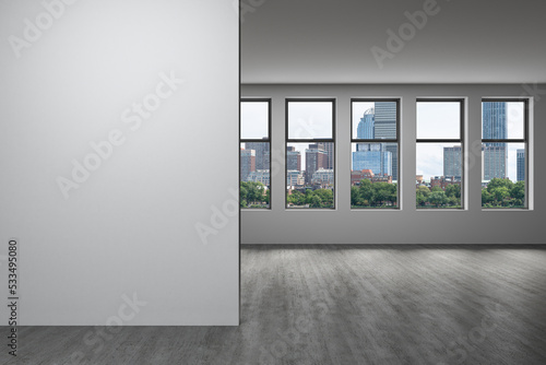 Panoramic picturesque city view of Boston at day time from modern empty room, Massachusetts. An intellectual and political center. Mockup copy space empty wall. Display concept. 3d rendering.