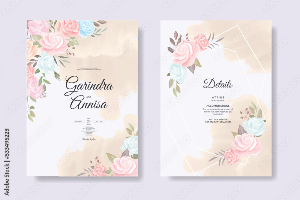 romantic wedding invitation card with beautiful floral and leaves template Premium Vector