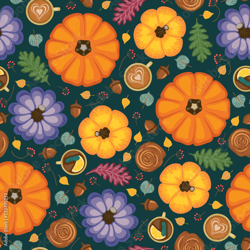 Seamless pattern with colorful pumpkins, cups of tea and cappuccino, cinnamon and different leaves. Vector illustration.