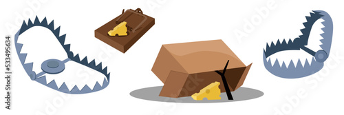 Set of animal traps in cartoon style. Vector illustration of trap, mousetrap with cheese on white background. Hunting