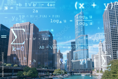 Panorama cityscape of Chicago downtown and Riverwalk, boardwalk with bridges at day time, Chicago, Illinois, USA. Education concept. Academic research, top ranking universities, hologram