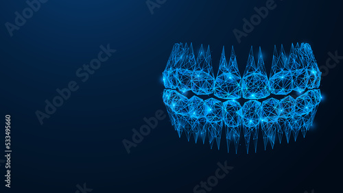 Healthy human teeth. Polygonal design of lines and dots. Blue background.