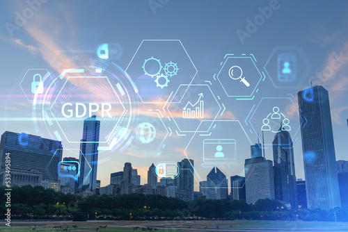 Chicago skyline from Butler Field to financial district skyscrapers at sunset, Illinois, USA. Parks and gardens. GDPR hologram, concept of data protection regulation and privacy for individuals