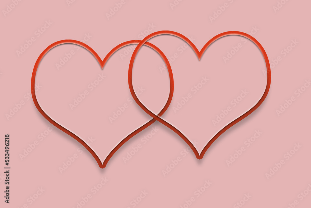 Pair of red hearts linked with outlines on greeting card. Wedding and valentine day concept.