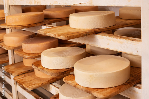 фотографія Cheese wheels maturing on shelves
