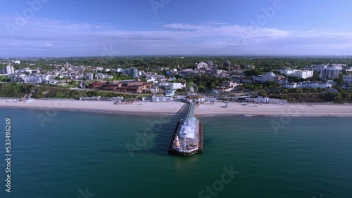 The drone aerial footage of the Bournemouth beach, Observation Wheel and Pier. photo