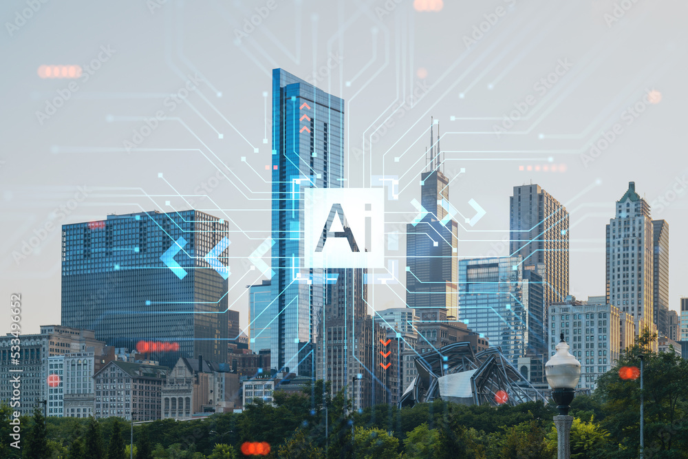 Obraz premium Chicago skyline, Butler Field towards financial district skyscrapers, day time, Illinois, USA. Parks and gardens. Artificial Intelligence concept. AI, machine learning, neural network, robotics