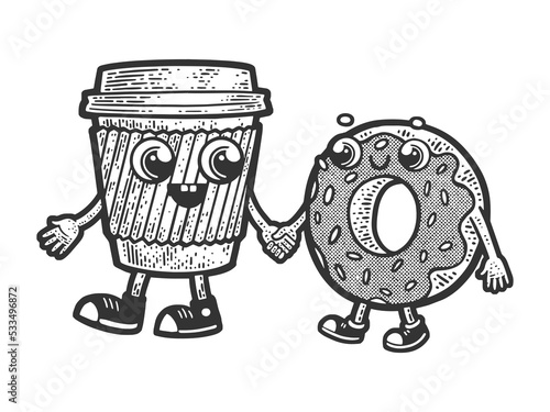 coffee and donut friends walking together sketch engraving vector illustration. Scratch board imitation. Black and white hand drawn image.