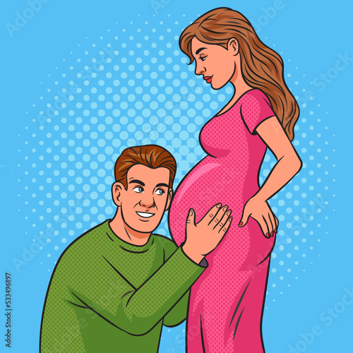 Happy man father with pregnant wife woman pinup pop art retro vector illustration. Comic book style imitation.
