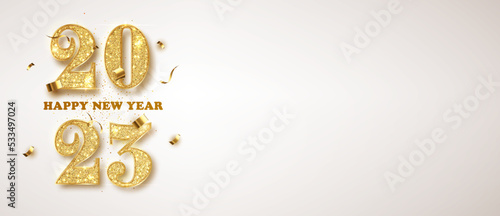 New year banner with gold glitter numbers 2023. For Christmas and winter holiday headers, party flyers