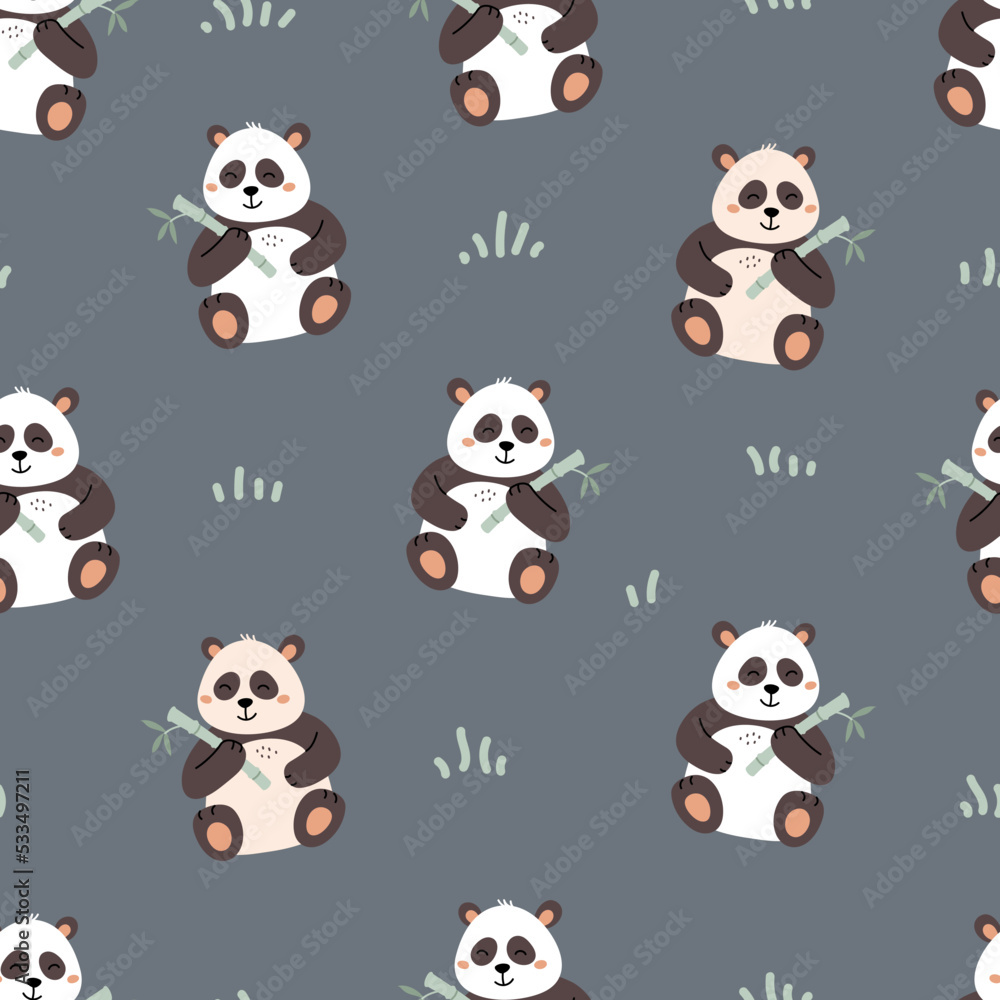 Cute cartoon panda bear, eating bamboo leaf, seamless pattern.  Creative kids scandinavian style texture for fabric, wrapping, textile, wallpaper, apparel. Vector illustration