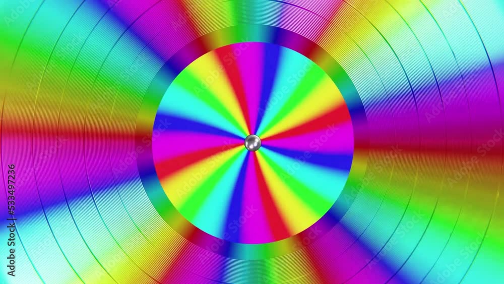 Realistic seamless looping 3D animation of the single colorful rainbow gradient spinning vinyl record with rainbow gradient striped label rendered in UHD as motion background Realistic seamless looping 3D animation of the single colorful rainbow gradient spinning vinyl record with rainbow gradient striped label rendered in UHD as motion background