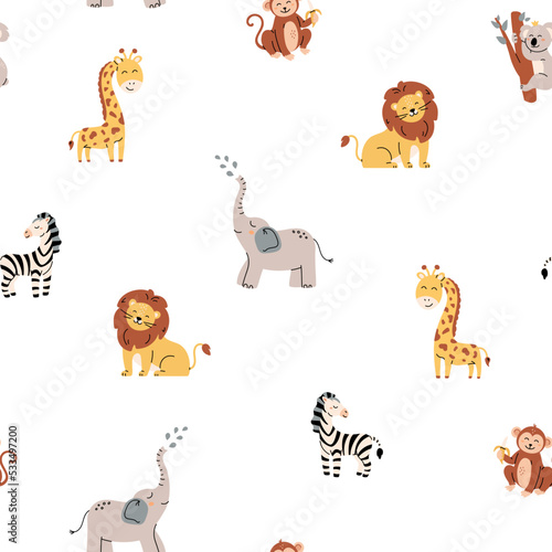 Tropical jungle seamless pattern. Zoo animals. Cute wild animals in a simple Scandinavian style. Nursery pastel palette is ideal for printing baby clothes, fabrics. Vector cartoon background © Valentina