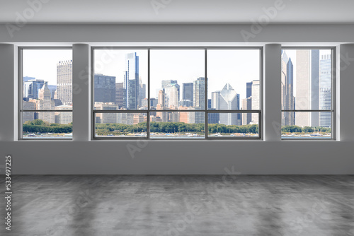Downtown Chicago City Skyline Buildings from Window. Beautiful Expensive Real Estate. Epmty office room Interior Skyscrapers, View Lake Michigan waterfront, harbor. Cityscape. Day time. 3d rendering.