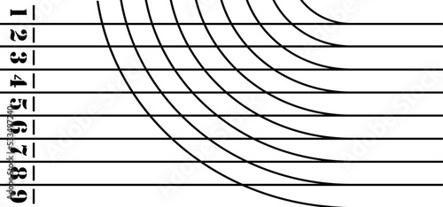 Cartoon running track with lane numbers or track numbers. Place where people exercise or sport place. lanes of running track. Start, finish point, sport field. Raceway, lines and numbers from top view