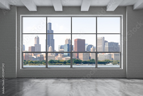 Downtown Chicago City Skyline Buildings from Window. Beautiful Expensive Real Estate. Epmty office room Interior Skyscrapers, View Lake Michigan waterfront, harbor. Cityscape. Day time. 3d rendering.