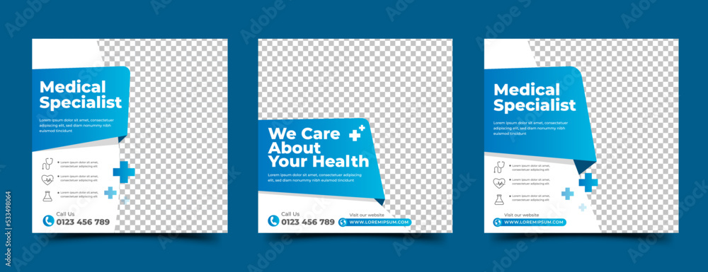 Medical and healthcare square banner template design. White background with blue shape. Suitable for social media post, and web ads. - obrazy, fototapety, plakaty 