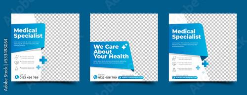 Medical and healthcare square banner template design. White background with blue shape. Suitable for social media post, and web ads.