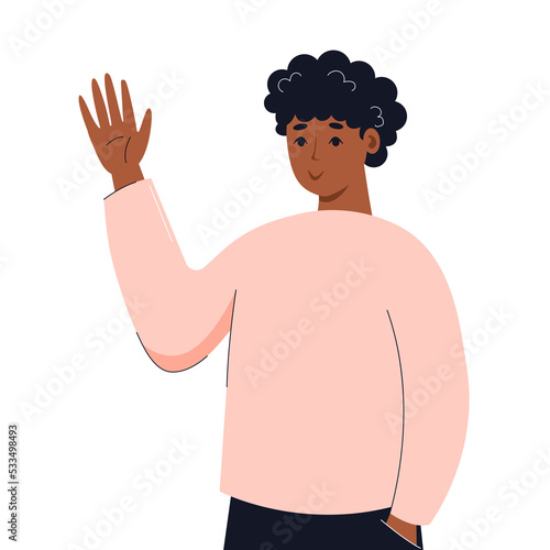 Welcoming man. Guy saying hello and waving with hand. Vector flat illustration.