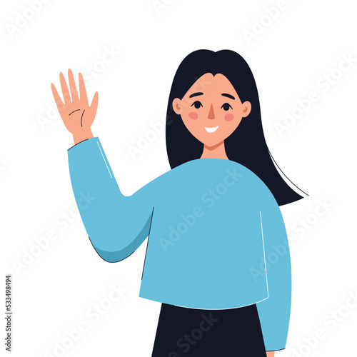 Welcoming woman. Girl saying hello and waving with hand. Vector flat illustration.