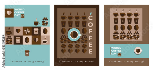 Happy International Coffee Day 1st October, posters set. Scented beans, coffee cup, drink to go - coffee beverage is loved all over the world, greeting concept. Flat concept, vector illustration.