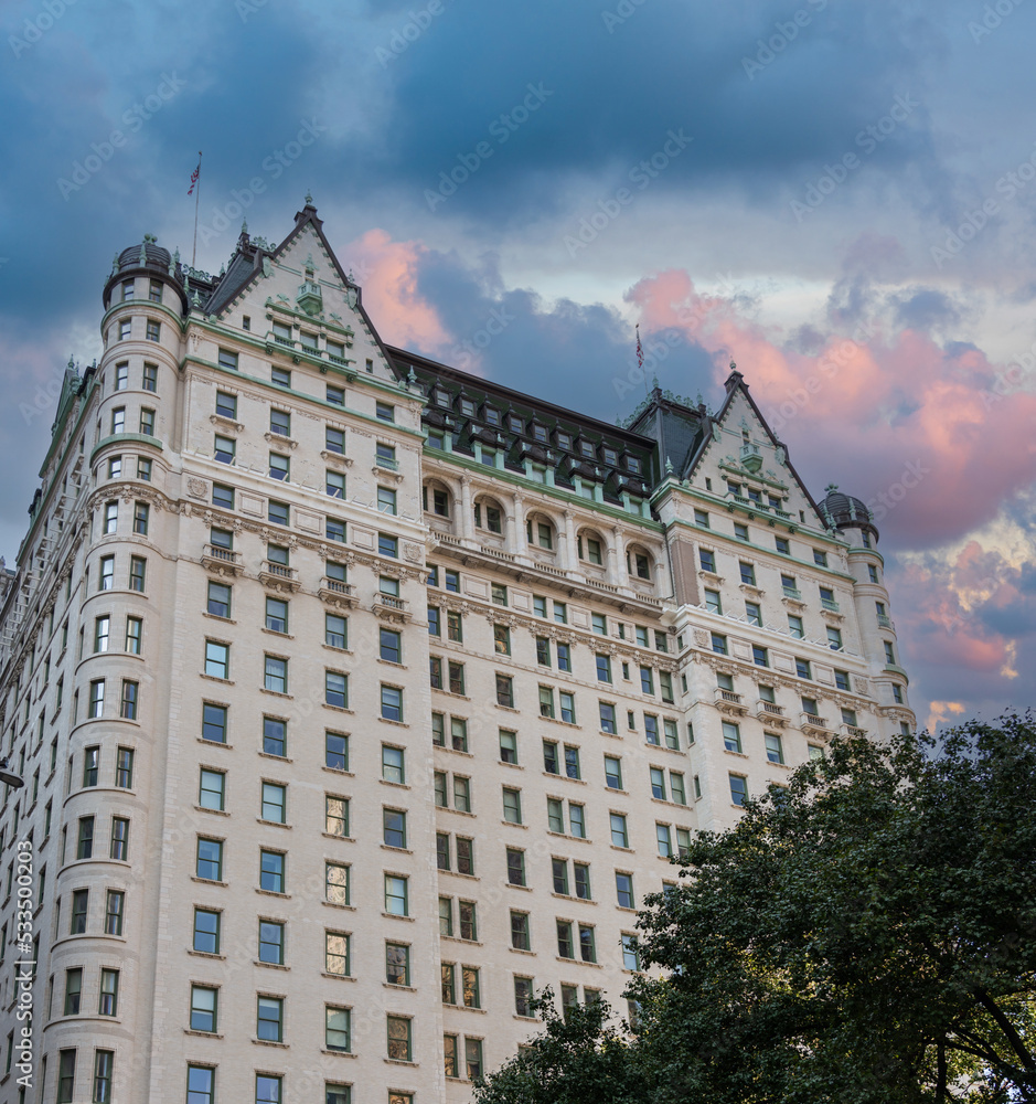 The famous facade of the Plaza Hotel in New York next to Central Park