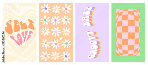 Groovy stories and post frame templates. Social media set design. Abstract retro aesthetic hippie backgrounds pack 70s, 80s, 90s style. Trendy girly сute design.