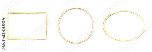 Set of geometric gold frame isolated on white.Golden Geometrical frames.Simple abstract golden frames.Set of luxury gold frames collection.Set of round,square,oval frames.Wedding invitation elements.