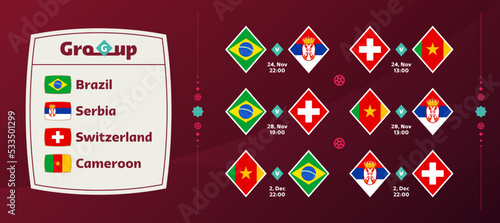 world cup 2022 Group G national team Schedule matches in the final stage at the 2022 Football World Championship. Vector illustration of world football 2022 matches.