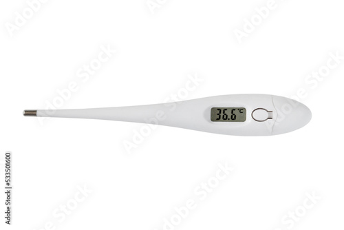 Digital thermometer isolated, showing the temperature of 36.6 C photo