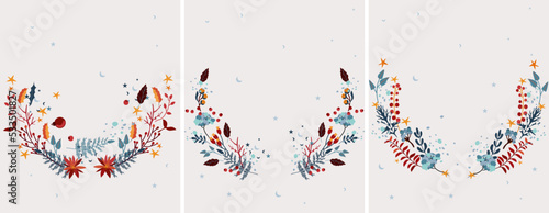 Christmas wreaths with red berries, colorful leaves, winter flowers and other. Magical winter wreaths. Perfect for greeting cards, posters, flyers, banners.Vector.