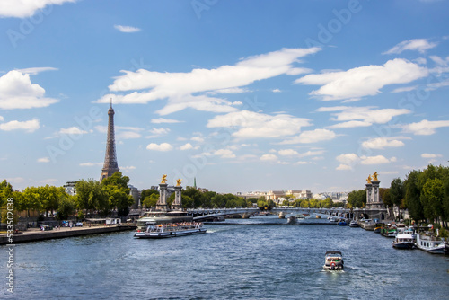 landscape view of river seine with pont alexandre iii bridge and the eiffel tower 0n a beautiful bright day