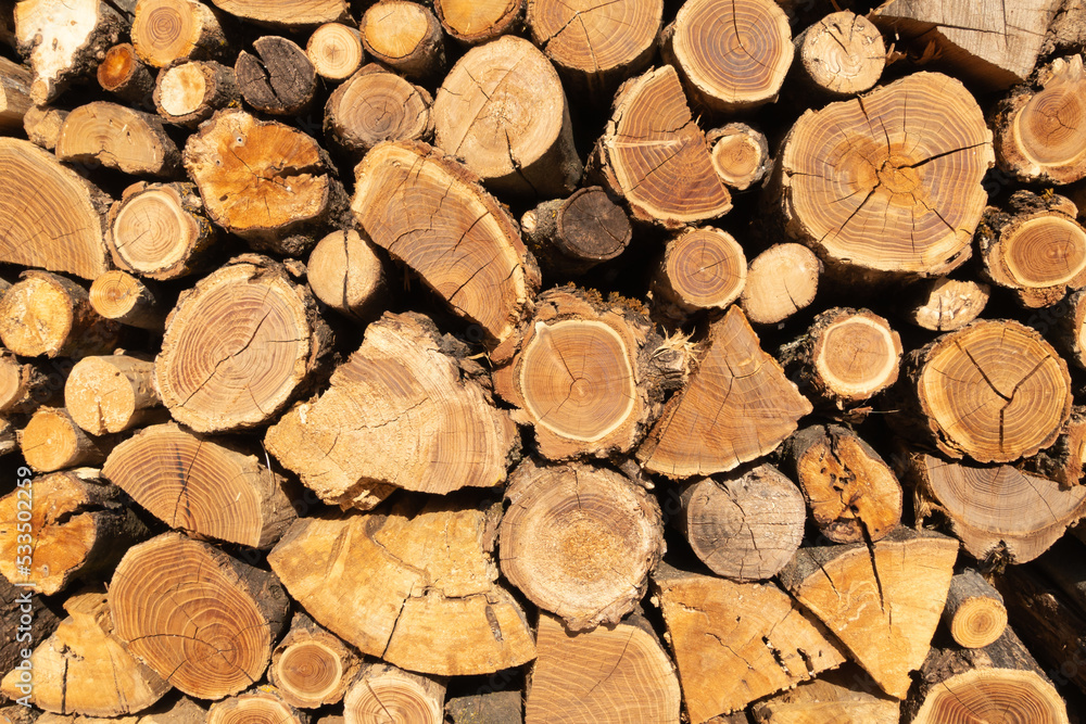 Buches de bois de chauffage empilés, stère de bois. Buches de bois de chauffage empilés, stère de bois.