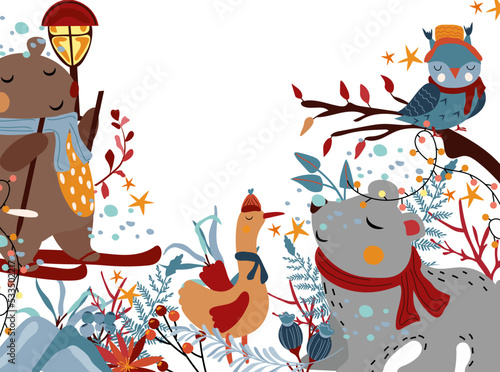 Winter composition a cute bear is skiing, funny goose, polar bear in scarf, owl sitting a tree, berries, leaves and other.Scandinavian funny animal.Perfect for greeting cards, poster,postcard,banner