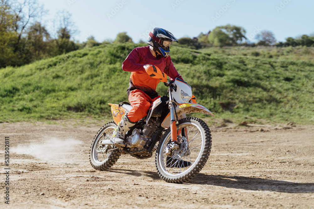 Extreme and Adrenaline. Motocross rider in action. Motocross sport. Active lifestyle.