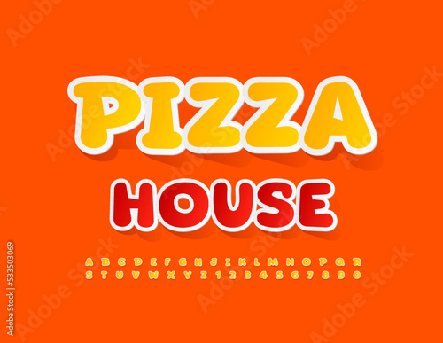 Vector modern banner Pizza House. Artistic Font. Yellow sticker Alphabet Letters and Numbers