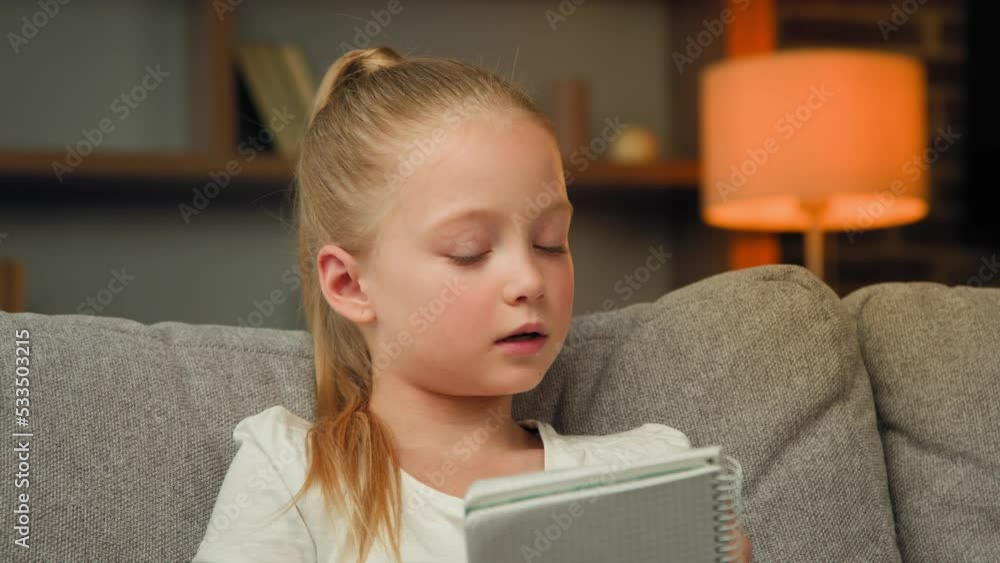 Young toddler girl pupil preschooler sit on sofa reading notes in notebook preparing essay for online literature lesson learning text clever schoolchild make homework alone home education webcam view Young toddler girl pupil preschooler sit on sofa reading notes in notebook preparing essay for online literature lesson learning text clever schoolchild make homework alone home education webcam view