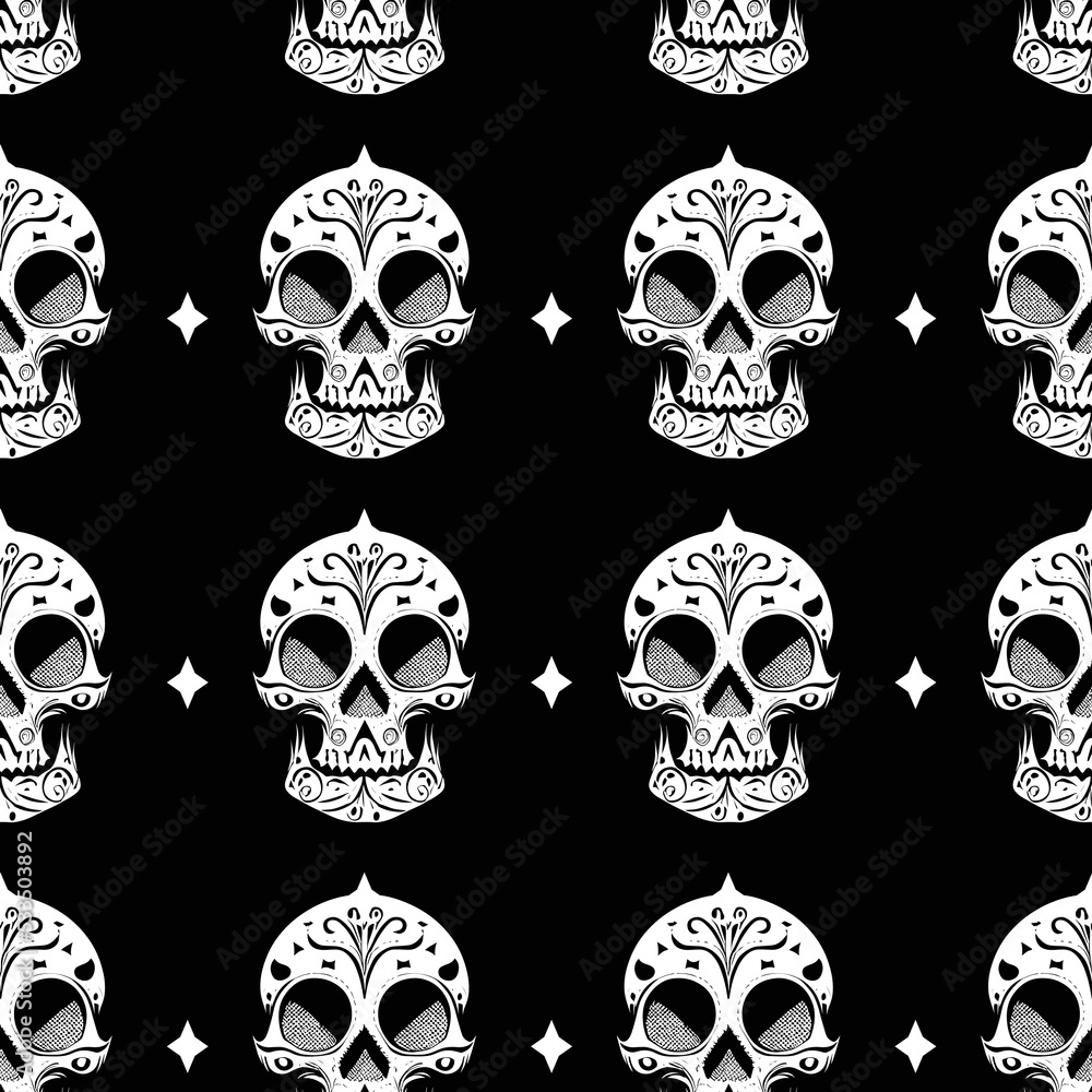 Black and white elegant Halloween pirate horror skull seamless pattern Black and white elegant Halloween pirate horror skull seamless pattern