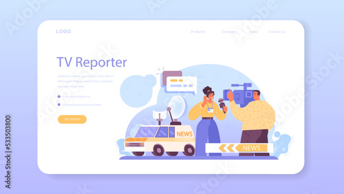 TV presenter web banner or landing page. Journalist in a studio