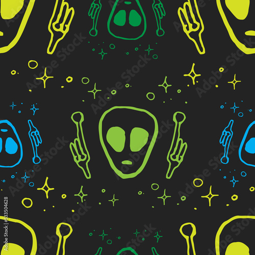 Colorful Alien seamless pattern on black