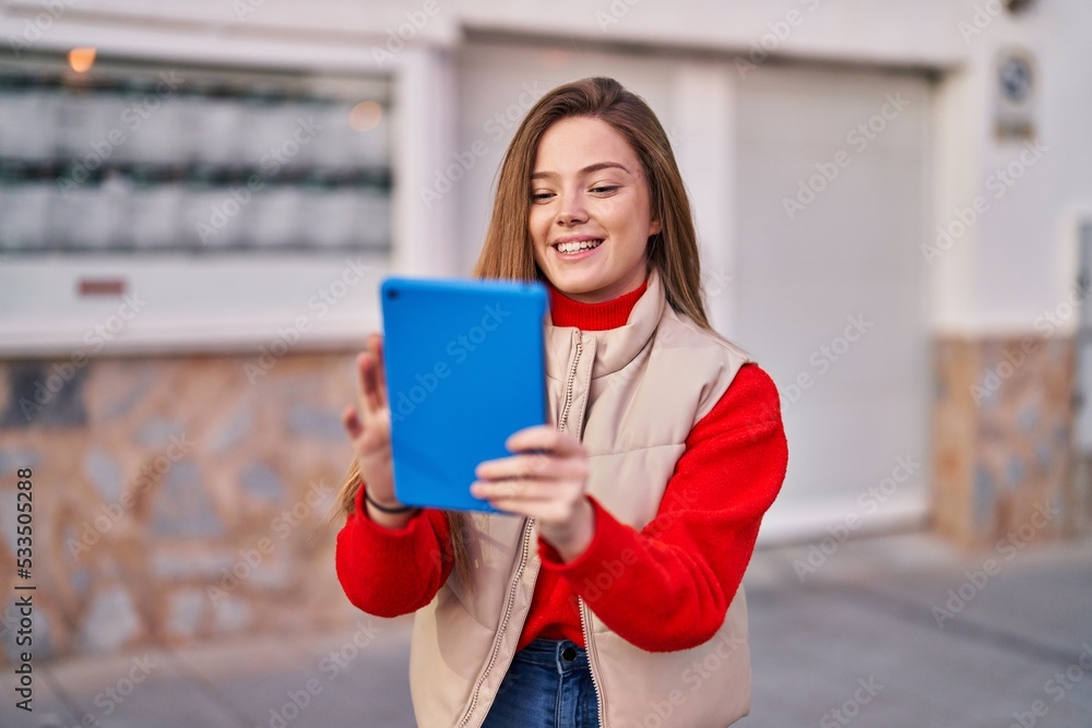Young blonde woman smiling confident having video call at street Young blonde woman smiling confident having video call at street