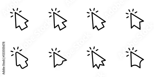 Conjunto de iconos de clic del cursor de la computadora. Flecha haciendo clic. Ilustración vectorial
