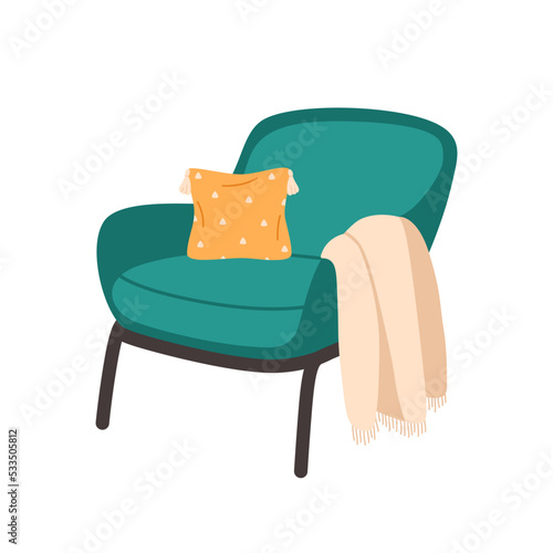 Modern armchair with blanket and decorative pillow. Cozy modern comfortable furniture in hygge style. Hand drawn vector illustration