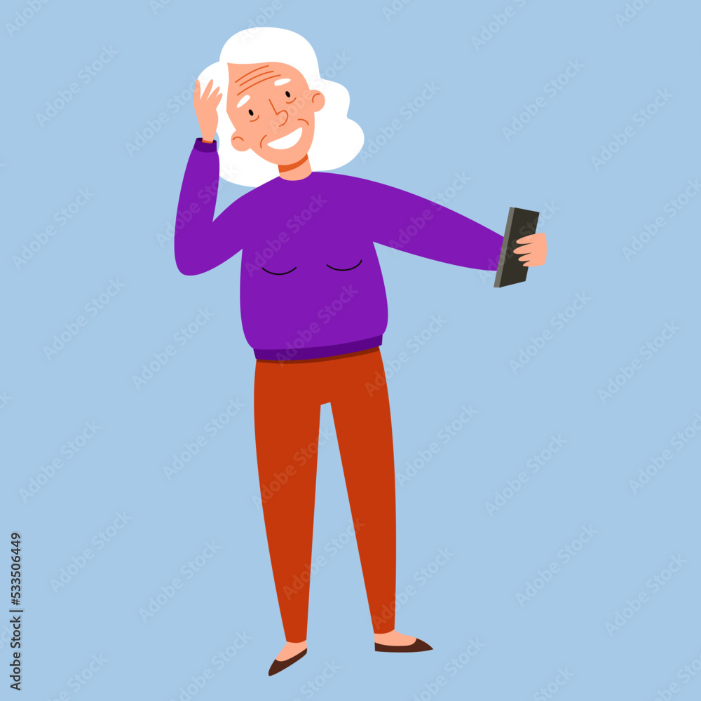 An elderly woman takes pictures of herself. Flat vector illustration in cartoon style. An elderly woman takes pictures of herself. Flat vector illustration in cartoon style.