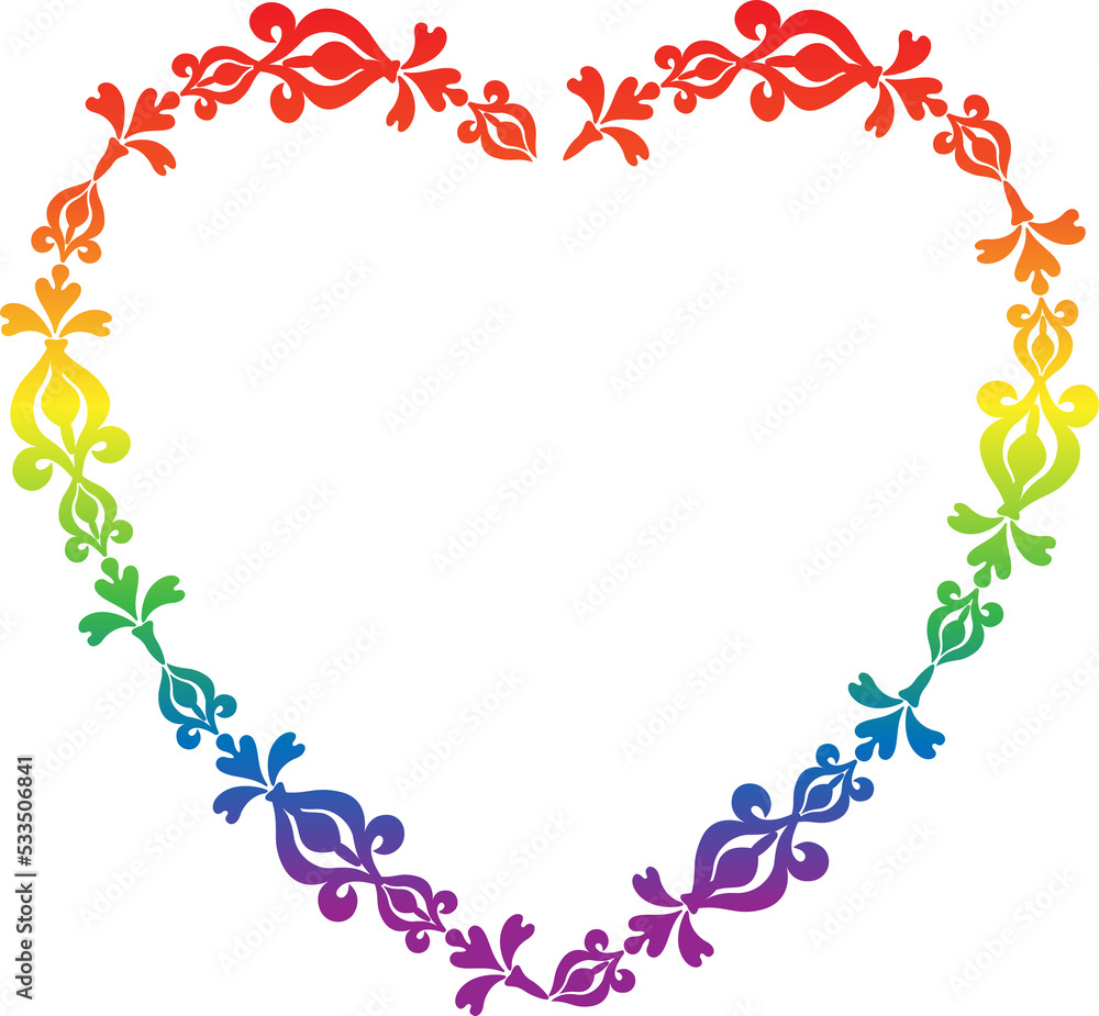 Holi fest Rainbow colored, heart shaped floral frame, border or sticker.