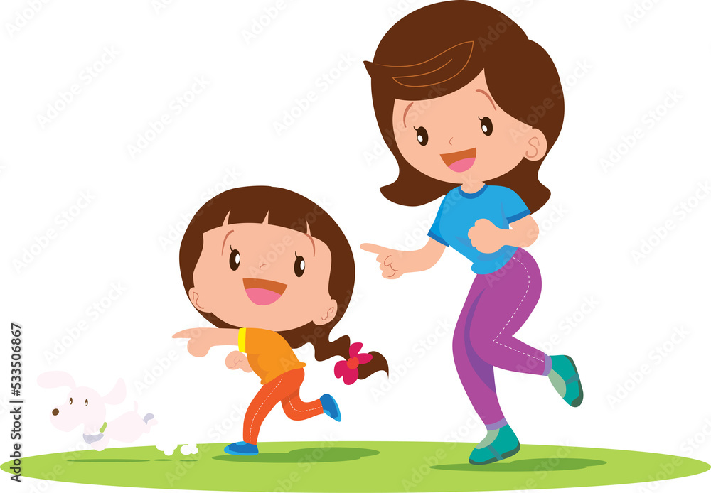 Mother and daughter jogging with cute dog in the park