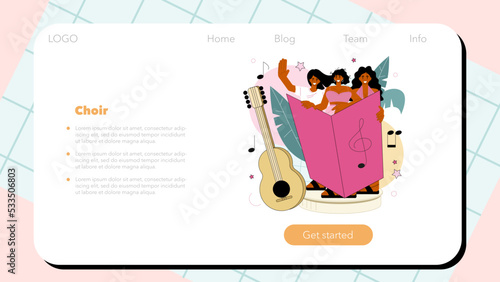 Music school or course web banner or landing page. Students learn